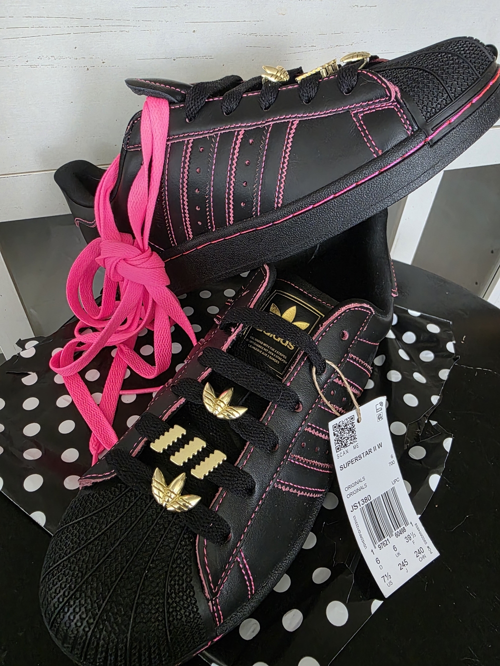 adidas Black Sneakers with Hot Pink Stitching and Gold Accents